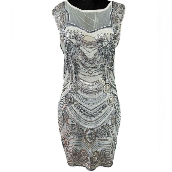Unique Vintage Silver Sequin Cocktail Dress Size Medium 1920s Vibes Retro - Picture 4 of 7